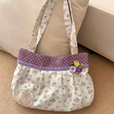 Qfdian Y2k Aesthetic Chic Flower Print Shoulder Bags Women Contrast Color Sweet Kawaii Dot Underarm Bag Fashion Cute Purse and Handbags