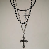 Qfdian  Gothic Punk Y2K Metal Cross Pendant Necklace For Women Men Lovers Vintage Multi Layer Bead Necklaces 90s EMO Charm Jewelry Gift