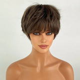 Qfdian  Brown Short Straight Hair Women Wigs with Bangs Thick Pixie Cut Synthetic Wig Heat Resistant Neuter Style Fake Hair