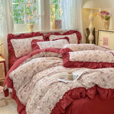 Qfdian  Korean Style Floral Double Gauze Bedding Set 3pcs/4pcs Soft Breathable Cotton Duvet Cover Sheet Girly Dorm Home Textile