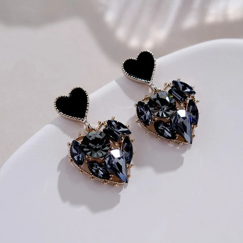 2024 New Fashion Women Black Rhinestone Love Earrings Delicate Sweet Earrings Women Party Birthday Gift Charm Jewelry Gift