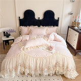 Qfdian  4Pcs Princess Wedding Bedding Set Korean Style Lace Flowers Embroidery Duvet Cover Bed Sheet/Fitted Sheet/Bed Skirt Pillowcases