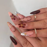 Qfdian  24pcs Retro Almond Press On Nails Brown Marble Cracks Ice Flower Printed False Nails European Wearable French Style Fake Nail