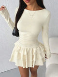 Qfdian  Autumn Bodycon Dress Women Solid Color Slim Fit Mini Dress Elegant Flare Sleeve High Waist Cascading Ruffles Sexy Party Dresses