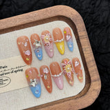 Qfdian  10pcs Handmade Press On Nails 3D Colorful Summer Sea Starfish Designs False Nail Patches For Women  Wearable Almond Fake Nails