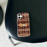 Qfdian Autume brown check stripes fundas for iphone 13pro 15promax 16pro 14pro 13 16 15 pro max 12 14 embroidery puppy ins phone case