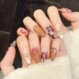 Qfdian  10Pcs Handmade Fake Nails With 3D Carved Petals Decor Almond Press on Nails Manicure Tool For Woman Detachable False Nails