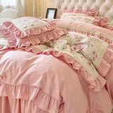 Qfdian 100% Cotton Korean Princess Style Rose Flower Print Ruffles Bedding Set Duvet Cover Bed Sheet/Fitted Sheet/Bed Skirt Pillowcases