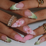 Qfdian 24pcs Mid-length Almond Press on Nails Sets Wearable Gradient Pink Flower Pearl Design False Nail French Fake Nail Finished Tips