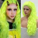 Qfdian Fluorescent Neon Green Wig Water Wave Synthetic Lace Front Wig Glueless Colored Long Curly Hair Lace Frontal Wigs for Women