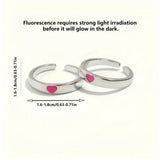Qfdian  2 Piece Glowing Heart Shaped Couples Ring Set Zinc Alloy Adjustable Rings Glow in The Dark