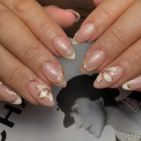 Qfdian  24pcs Short Almond Sweet Cool Press on Nails Glitter French Nail Art 3D Metal Star Stick on Nails Brown Gradient Rhinestone Nail