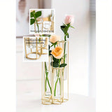 Qfdian  Test Tube Vase with 5 Test Tubes, Gold Vase for Centerpiece, Gold Vase with Metal Stand, Glass Vase for Wedding Home Decoration