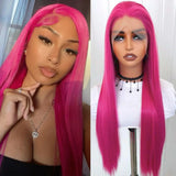 Qfdian Pink Wig Straight Synthetic Lace Front Wig Glueless Wigs for Women Rose Red Hot Pink Long Hair Lace Frontal Wig Ready to Wear