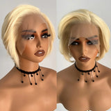 Qfdian 613 Blonde Pixie Cut Wig Straight Short Bob Synthetic Lace Front Wig Glueless Colored Hair Frontal Lace Wigs for Women Daily