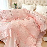 Qfdian Lace Bedding Set for Girls, Princess Duvet Cover with Sheet, Soft Washed Cotton, French Romantic Home Textiles, Elegant and Soft