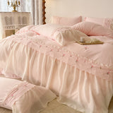 Qfdian  Korean Princess Style Lace Ruffles Rose Embroidery Wedding Bedding Set Duvet Cover Set Flat/Fitted Bed Sheet Pillowcases 4Pcs