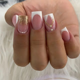 Qfdian 24Pcs Simple Fake Nail with Broken Diamond Short Square Press on False Nails Gradient White Wearable Ballet Full Cover Nail Tip