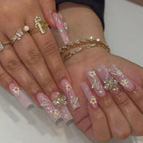 Qfdian 24Pcs Extra Long Square Fake Nail with Glue 3D Little Bear Bow Design False Nails White French Press on Nails Wearable Manicure