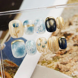 Qfdian 10pcs Blue Pink Handmade Press on Nails with Flower Short Ballerina Fake Nails Reusable Manicure Artistic Full Cover Finger Tips