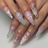 Qfdian  24pcs 3D Blue Heart Press on Nails Medium Almond Fake Nails with Glue Full Cover Pink Gradient Y2k False Nails Sweet Cool Nail
