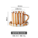 Qfdian Simple Striped Ceramic Teacup Hotel Café Porcelain Coffee Cup 280ml Office Mug Breakfast Bread Dessert Mug Gift Table Decoration