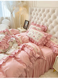 Qfdian 100% Cotton Korean Princess Style Rose Flower Print Ruffles Bedding Set Duvet Cover Bed Sheet/Fitted Sheet/Bed Skirt Pillowcases