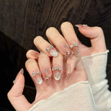 Qfdian  10pcs Handmade Glitter Pink Press on Nails Shiny Bow Diamond Design False Nails Wearable Sweet French Cat Eye Fake Nail Tips
