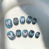 Qfdian Handmade Glitter Fake Nails Press On Nails Luxury Short Cat Eye Reusable Wearable Blue Ballerina False Nails Cute Finger Tips