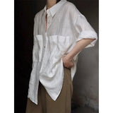 Qfdian  Linen White Shirt Women's Summer Retro Big Pocket Short Sleeve Shirt Female New Button Down Casual Tops Blouse S-XL