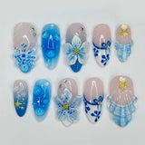 Qfdian  24Pcs Mid-length 3D Flowers Design Fingertips Sweet Butterfly Yellow Ripple Almond False Nails Detachable Full Cover Press Ons