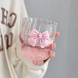 Qfdian Clear Glass Coffee Mug Bow Decoration Water Cup Delicate Striped Glass Breakfast Milk Oatmeal Mug Afternoon Tea Flower Tea Cup