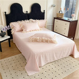 Qfdian  4Pcs Princess Wedding Bedding Set Korean Style Lace Flowers Embroidery Duvet Cover Bed Sheet/Fitted Sheet/Bed Skirt Pillowcases