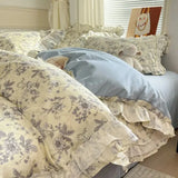 Qfdian Princess Style Lace Ruffles 100% Cotton Bedding Set Floral Pastoral Style Duvet Cover Flat/Fitted Bed Sheet Pillowcases 3/4Pcs