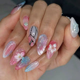 Qfdian  24Pcs Mid-length 3D Flowers Design Fingertips Sweet Butterfly Yellow Ripple Almond False Nails Detachable Full Cover Press Ons