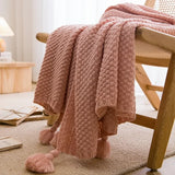 Qfdian  Nordic Blankets for Bed Sofa Couch Chunky Knit Bedspread Knitted Throw Blanket with Tassel Plain Color Waffle Embossed Blanket