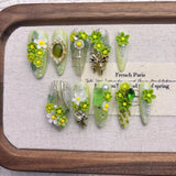 Qfdian  Eco-Friendly Resin Press-On Nails - Spring Floral Design with Pearls, Crystals & Metallic Accents, French Chic Style for Outings
