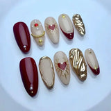 Qfdian  24pcs Press on Fake Nails Set Almond Wearable Simple French Flower False Nail Art Gold Beads Design Diamond Manicure Tips