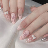 Qfdian  24Pcs Solid Color Grey Almond Fake Nail Cat's Eye Design Wearable Round Head False Nails with Shiny Powder Press on Nails