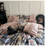 Qfdian Vintage Rose Oil Painting Style Ruffles Egyptian Cotton Bedding Set Duvet Cover Bed Sheet/Bed Skirt/Fitted Sheet Pillowcase 4Pcs