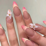 Qfdian 24pcs French Press on Nails Art Simple Pink Flower Star Design False Nail Tips Finished Mid-length Almond Fake Nail Set Manicure