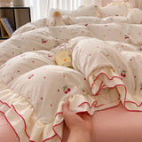 Qfdian  Korean Sweet Cherry Print Ruffles Bedding Sets oft Washed Cotton Duvet Cover Set Cute Princess Style Bedding for Girls Bedroom