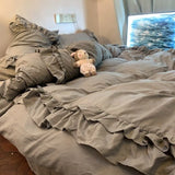 Qfdian  ‌Princess Style Purple Ruffle Duvet Cover Set - Washed Cotton 4-Piece/3-Piece Bedding Double Size/Dorm Sheet Set