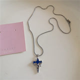 Qfdian  Gothic Blue Cross Pendant Sliver Color Chain Necklace For Women Men Fashion Trendy Punk Y2K Charms Hip Hop Jewelry Accessories