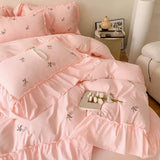 Qfdian  French Hepburn style 4-piece bed set, Korean princess lace washed cotton embroidery duvet set