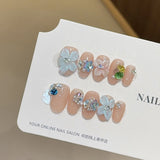 Qfdian  10Pcs Snake Rhinestone Press on Nails Pink Gradient Press on Fake Nails Cat Eye Almond False Nails 3D Carve Flower Nail Art Tip