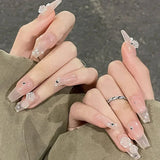 Qfdian  24pcs Floral Coffin Nails Set Press on Nails Cat Eye Fake Nails Butterfly Flower Design False Nails Wearable Manicure Nail Tips