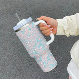 Qfdian  Diamond Thermos Cup With Handle 304 Stainless Steel Vacuum Flasks Portable Car Coffee Cup Insulated Thermal Water Bottles