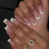 Qfdian 24Pcs Extra Long Square Fake Nail with Glue 3D Little Bear Bow Design False Nails White French Press on Nails Wearable Manicure