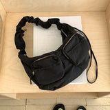 Qfdian Vintage Women Nylon Zipper Hobo Bag Streetwear All Match Y2k Aesthetic Ins Shoulder Bags Drawstring Pleated Handbags Crossbody
